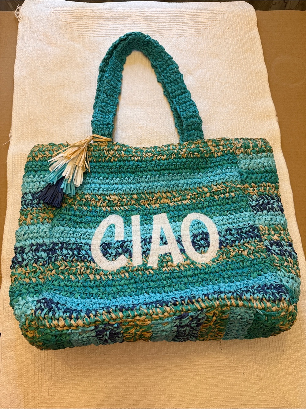 No Boundaries Teal Multicolor Woven Tote with “CIAO” Lettering